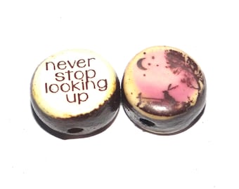 1 Ceramic Hare Moon Stars Double Sided Quote Bead Porcelain Handmade 13mm BB4-4