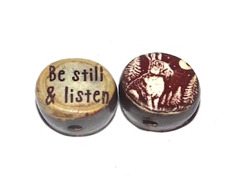1 Ceramic Hare Forest Double Sided Quote Bead Porcelain Handmade 13mm BB5-2
