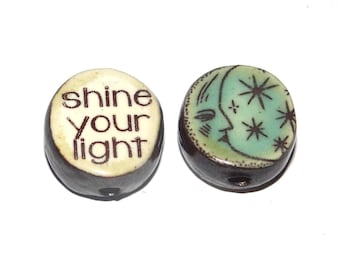 1 Ceramic Double Sided Quote Bead Porcelain Handmade 19mm CC6-1