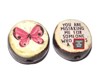 1 Ceramic Double Sided Quote Bead Porcelain Handmade  19mm BB6-2
