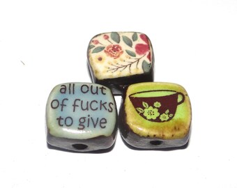 Ceramic Quote Bead Set Porcelain Handmade 15mm CC3-3