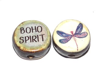 1 Ceramic Two Sided Quote Bead Butterfly Porcelain Handmade  16-18mm BB4-1