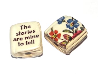 Ceramic Book Bead Focal Handmade Rustic Floral Quote Word Sculpture Porcelain 22mm