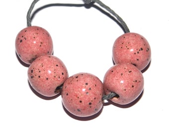 Ceramic Bead Set Pink Speckled Handmade 12mm