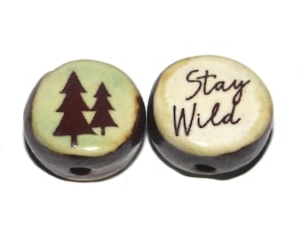 1 Ceramic Trees Forest Double Sided Quote Bead Porcelain Handmade 15mm BB3-3