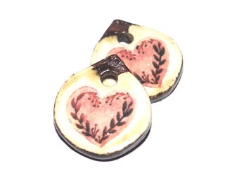 Ceramic Heart Charms Beads Pair Handmade 14mm PP2-3