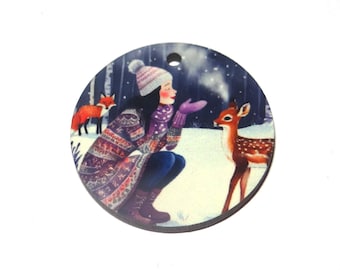 Wooden Two Sided Deer Winter Snow Pendant Handmade 30mm MM7-1
