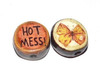 1 Ceramic Double Sided Quote Bead Porcelain Handmade 19mm CC4-4