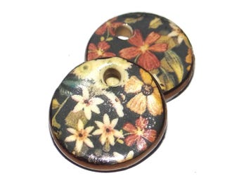 Ceramic Floral Patterned Charms Earring Bead Pair 15mm PP1-1
