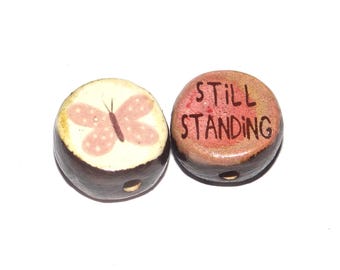 1 Ceramic Two Sided Quote Bead Butterfly Porcelain Handmade  16-18mm PP6-1