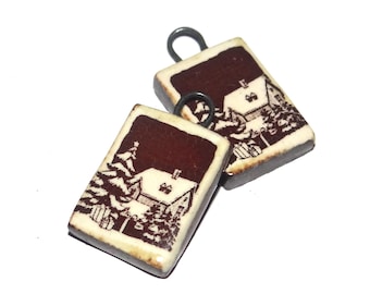 Ceramic Snow Scene Charms Earring Bead Pair 22mm PP1-1