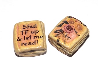 Ceramic Book Bead Focal Handmade Rustic Floral Quote Word Sculpture Porcelain 22mm