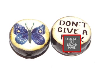 1 Ceramic Double Sided Quote Bead Porcelain Handmade  15mm PP3-1