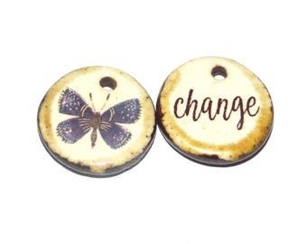 Ceramic Charms Quote Butterfly Small Pendant Porcelain Handmade 15mm CC2-3