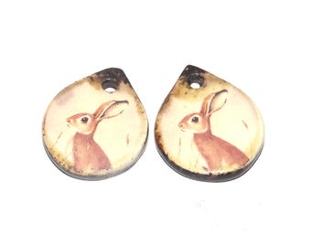 Ceramic Hare Charms Beads Pair Porcelain 18mm CC9-1