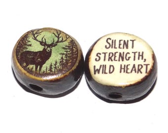 1 Ceramic Stag Two Sided Quote Bead Porcelain Handmade 15mm BB5-2