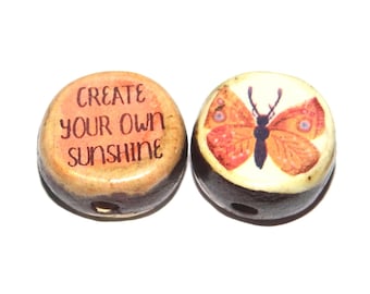 1 Ceramic Two Sided Quote Bead Butterfly Porcelain Handmade  16-18mm BB4-1