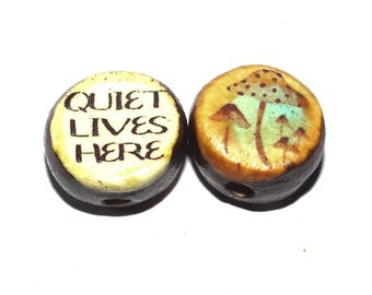 1 Ceramic Double Sided Quote Bead Porcelain Handmade 15mm BB7-4