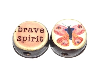 1 Ceramic Two Sided Quote Bead Butterfly Porcelain Handmade  16-18mm BB4-1