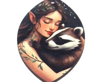 Wooden Two Sided Badger Pendant Porcelain Handmade 45mm MM9-2