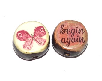 1 Ceramic Two Sided Quote Bead Butterfly Porcelain Handmade  16-18mm BB4-2