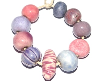 Ceramic Bead Set Patterned Textured Handmade Porcelain 8-15mm