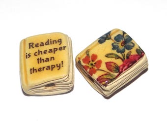 Ceramic Book Bead Focal Handmade Rustic Floral Quote Word Sculpture Porcelain 22mm