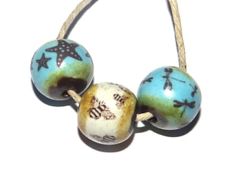 Ceramic Focal Bead Set Starfish Dragonfly Bee Handmade 13mm CC1-1