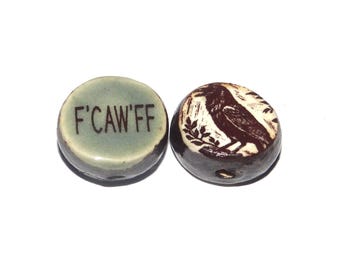 1 Ceramic Raven Crow Double Sided Quote Bead Porcelain Handmade 13mm BB4-2