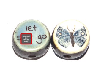 1 Ceramic Double Sided Quote Bead Porcelain Handmade Adult 19mm BB2-3
