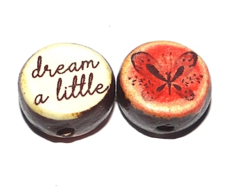 1 Ceramic Butterfly Double Sided Quote Bead Porcelain Handmade 13mm BB3-4