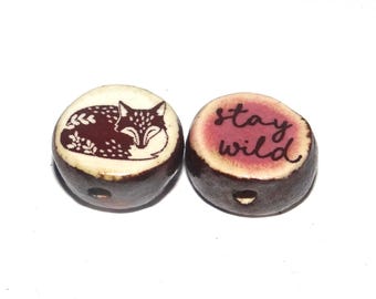 1 Ceramic Fox Double Sided Quote Bead Porcelain Handmade 13mm BB4-1