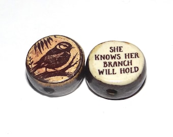 1 Ceramic Bird Double Sided Quote Bead Porcelain Handmade 13mm BB8-1