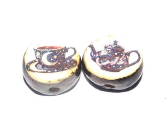 Ceramic Teapot Cup Beads Pair Porcelain 15mm CC10-3