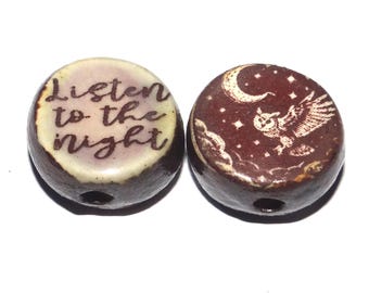 1 Ceramic Owl Two Sided Quote Bead Porcelain Handmade 15mm BB5-1