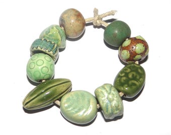 Ceramic Bead Set Textured Glazed Pottery Clay Handmade 8-15mm