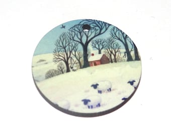 Wooden Two Sided Winter Snow Pendant Handmade 30mm MM7-1