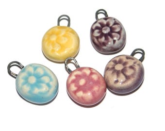 Ceramic Flower Charm Set Floral Beads Purple Handmade 15mm