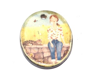 Ceramic Woman Cat Pendant Handmade Focal Porcelain 25mm PP1-3
