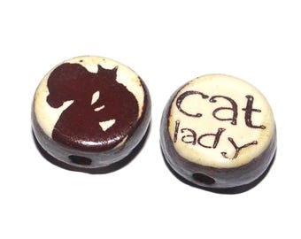 1 Ceramic Cat Double Sided Quote Bead Porcelain Handmade 15mm BB8-4