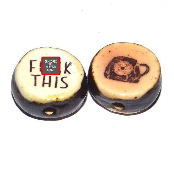 1 Ceramic Double Sided Quote Bead Porcelain Handmade 18mm PP7-4