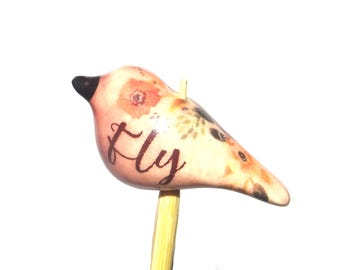 Ceramic Bird Bead Focal Handmade Rustic Floral Quote Word Sculpture Porcelain 30mm