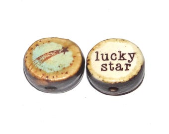 1 Ceramic Star Double Sided Quote Bead Porcelain Handmade 13mm BB4-1