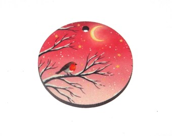 Wooden Two Sided Winter Robin Pendant Handmade 30mm MM7-1