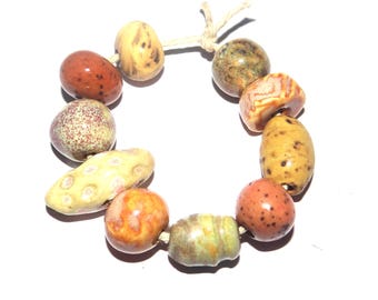 Ceramic Bead Set Textured Glazed Pottery Clay Handmade 8-15mm