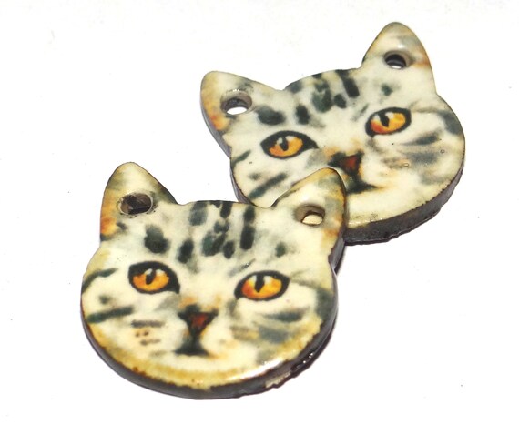 Ceramic Cat Earring Charms Pair Beads Handmade Rustic 25mm CC1-4