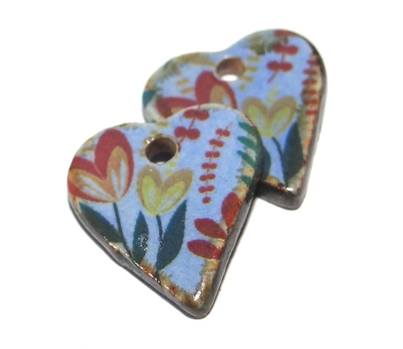 Ceramic Heart Floral Earring Charms Pair Beads Handmade Rustic 18mm/0.7" CC1-4