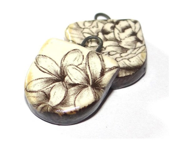 Ceramic Floral Earring Charms Pair Beads Handmade Rustic 30mm/1.2"