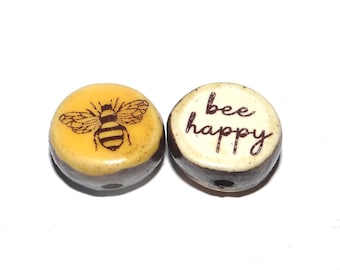1 Ceramic Bee Double Sided Quote Bead Porcelain Handmade 13mm BB8-4