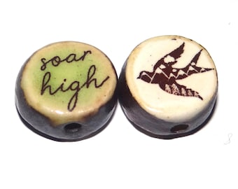 1 Ceramic Bird Double Sided Quote Bead Porcelain Handmade 15mm BB4-4